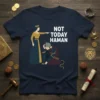 Not Today Haman text with Queen Esther pointing at a kneeling Haman on a navy blue t-shirt design