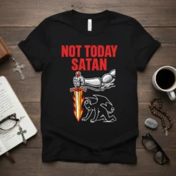 Christian "Not Today Satan" t-shirt design featuring a muscular arm holding a flaming sword over a defeated devil figure