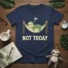 Navy t-shirt with "NOT TODAY" text and a sleeping sloth in a hammock graphic