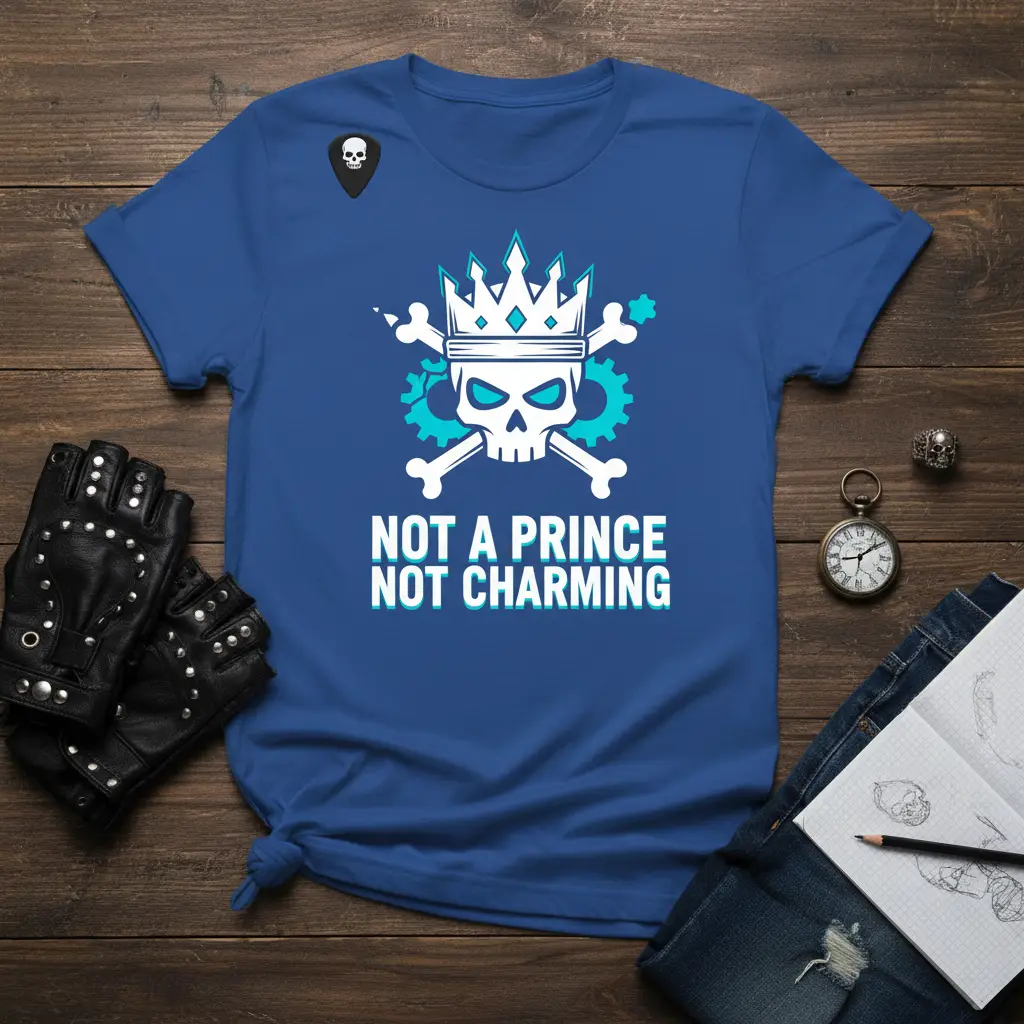Not a Prince Not Charming quote with skull, crown, and gear graphic on blue t-shirt