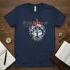 Christian t-shirt with "Not By My Strength But His" text, a red cross, and a tree with deep roots graphic