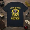 Black t-shirt with yellow text "NOT IN THE MOOD APPROACH WITH CAUTION" and a robot graphic holding hazard bars