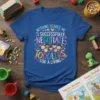 Nothing Scares Me I Successfully Negotiate With Toddlers For A Living quote on a blue t-shirt with cartoon toddlers and