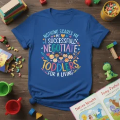 Nothing Scares Me I Successfully Negotiate With Toddlers For A Living quote on a blue t-shirt with cartoon toddlers and