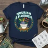Nourish & Flourish quote t-shirt with a circular floral design and potted succulent and flowers