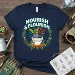 Nourish & Flourish quote t-shirt with a circular floral design and potted succulent and flowers