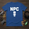 Blue t-shirt with white "NPC" text and a pixelated character, representing retro gaming
