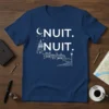 Nuit. Nuit. French quote t-shirt with a white line drawing of a European city skyline at night under a crescent