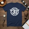 Navy blue t-shirt with a white athletic crest featuring the number 31 and wings
