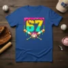 Number 67 baseball design with dripping effect, crossed bats, and baseball on a blue t-shirt