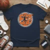 Navy t-shirt with a graphic design featuring the number 67, a basketball player mid-jump, and baseball stitch texture