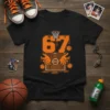 Black t-shirt with a large orange '67' graphic featuring basketball court lines and dribbling hands