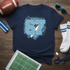 Navy blue t-shirt with a large light blue "67" design in a collegiate athletic style, featuring geometric accents
