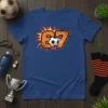 Number 67 soccer graphic with a soccer ball and explosive orange and yellow background on a blue t-shirt