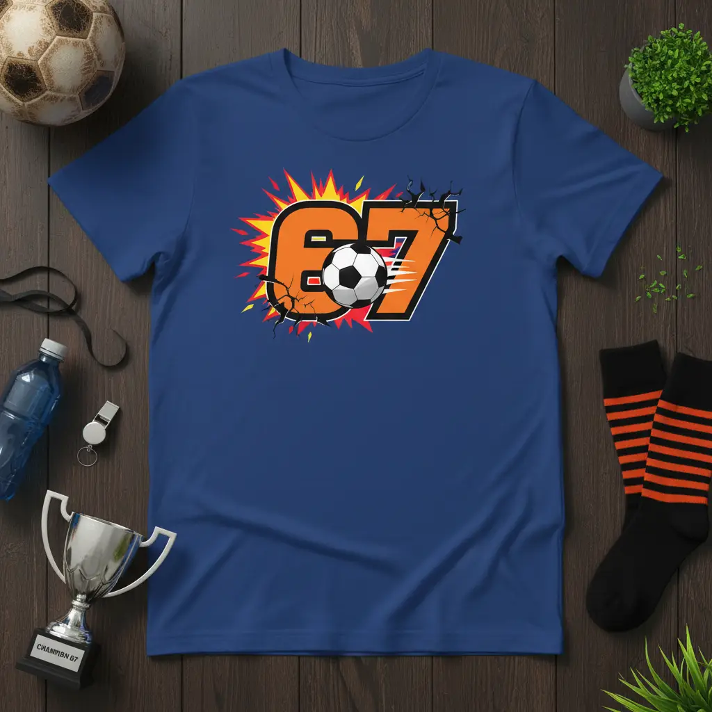 Dynamic number 67 soccer design with a soccer ball and explosive graphics, perfect for sports fans
