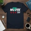 Nurse Established 2019 t-shirt with Caduceus symbol and red heartbeat line graphic