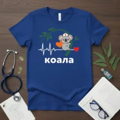 T-shirt with "Коала" text, a cute koala nurse on a branch, and a heartbeat line with red hearts