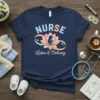 Navy t-shirt with "Nurse Labor & Delivery" text and a lotus design featuring a baby silhouette