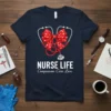 Nurse Life Compassion Care Love t-shirt design featuring a stethoscope forming a heart with a red bow and white hearts