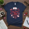 Navy blue t-shirt with red "Nurse Life" text inside a heart stethoscope, surrounded by hearts and candy graphics