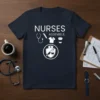Nurses Assemble T-Shirt design with stethoscope, syringe, scrubs, and coffee cup icons, plus a shield emblem