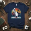 Nursesaurus Rex t-shirt design featuring a dinosaur in a nurse's coat holding a syringe, with a sunset and palm trees