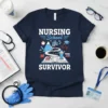 Nursing School Survivor t-shirt with graduation cap and stethoscope graphic
