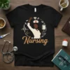 Black t-shirt with "Nursing" text, afro nurse graphic, stethoscope, heart, and medical symbols in a circle