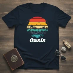 Oasis t-shirt design with a retro sunset, palm trees, cacti, and a tranquil body of water