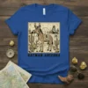 Oatman Arizona text with a cartoon donkey in a desert mining town scene on a blue t-shirt