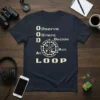 Observe Orient Decide Act At LOOP text and gear graphic on navy t-shirt