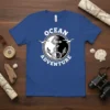 Ocean Adventure t-shirt design with a black and white yin-yang anchor graphic and flying seagulls
