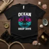 Ocean Deep Dive t-shirt with a black octopus and anchor on a colorful striped circle, for ocean lovers