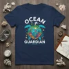 Ocean Guardian t-shirt design featuring a sea turtle with a vibrant underwater ecosystem and island landscape