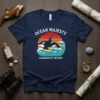 Orca whale breaching waves on "Ocean Majesty Guardians of the Deep" t-shirt design with sunset background