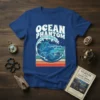 Ocean Phantom T-Shirt design with a cartoon shark wearing glasses riding a wave, in retro colors