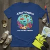 Ocean Treasures Live Explore Conserve t-shirt featuring colorful underwater scene with turtle, fish, seahorse, and coral