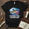 Oceanic Fish Adventure t-shirt design featuring a fish swimming in a wave, with stylized text