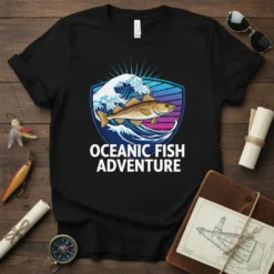 Oceanic Fish Adventure t-shirt design featuring a fish swimming in a wave, with stylized text