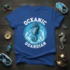 Oceanic Guardian t-shirt with a blue seahorse and waves graphic, text in white circle
