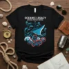 Black t-shirt with "OCEANIC LEGACY EXPLORE PROTECT INSPIRE" text and marine life graphic featuring a manta ray, dolphins, octopus, anchor