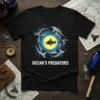 Ocean's Predators t-shirt design featuring a circle of sharks around a small fish, with white text below
