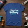 T-shirt design for October is Physical Therapy Month with colorful text and stick figures celebrating movement