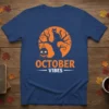 October Vibes Halloween T-Shirt with black cat and pumpkin graphic, featuring bold orange text