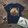 Octopus and cherry blossoms design on a navy t-shirt, featuring Japanese wave art and text "OCTOPUS & CHERY BLOSSOMS"