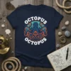 Navy blue t-shirt with white text "OCTOPUS OCTOPUS" surrounding a graphic of a blue octopus with orange tentacles