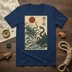 潮と蛇 t-shirt design showing a kraken and serpent in Japanese wave art style
