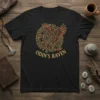 Black t-shirt with Odin's Raven design featuring a golden raven and Norse runes, primary keyword Odin's Raven