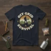 Off Grid Survival T-Shirt featuring a silhouette of a hiker on a mountain peak with a campfire and sun graphic