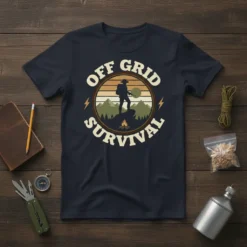 Off Grid Survival T-Shirt featuring a silhouette of a hiker on a mountain peak with a campfire and sun graphic